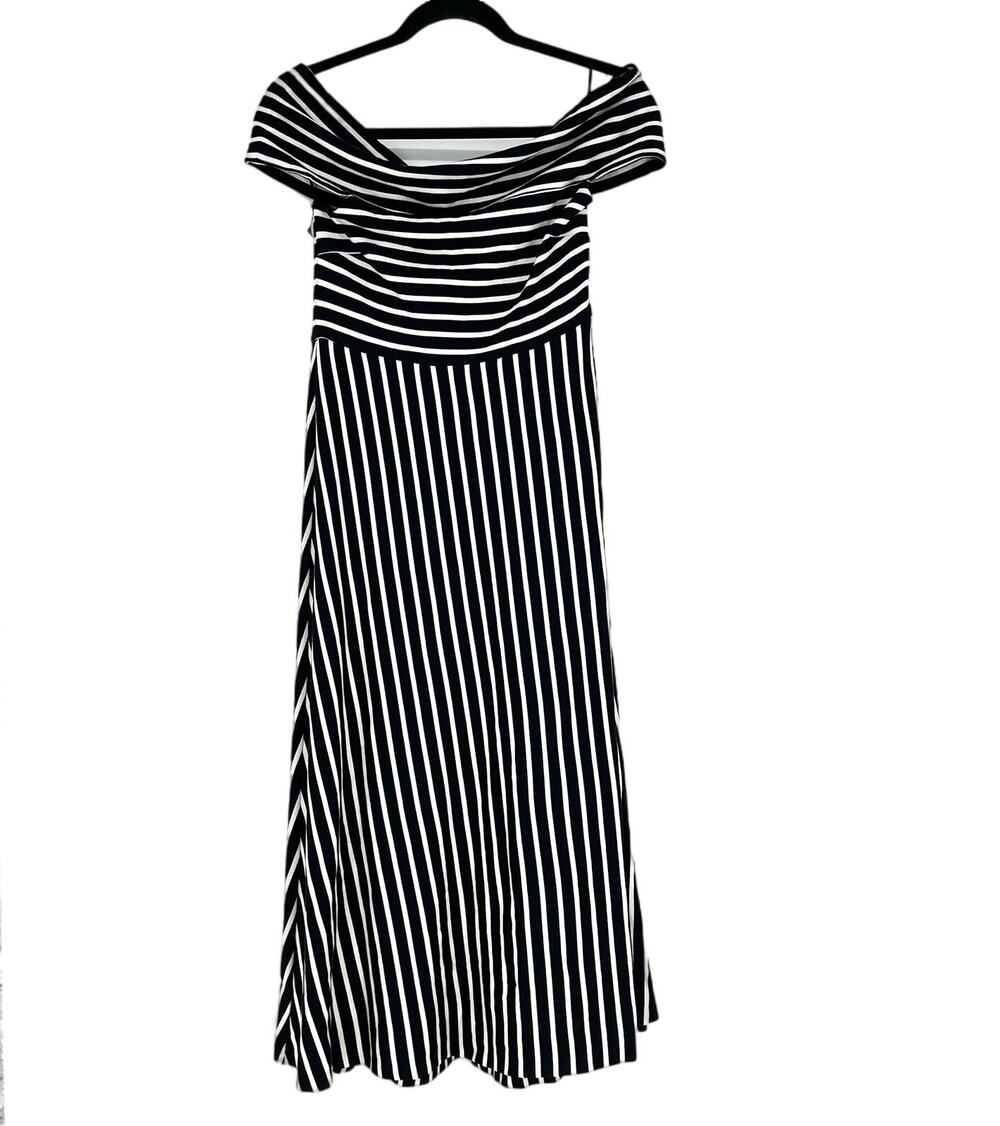 Banana Republic Ponte Off Shoulder Fit Flare Midi Dress Stripe Black White 0